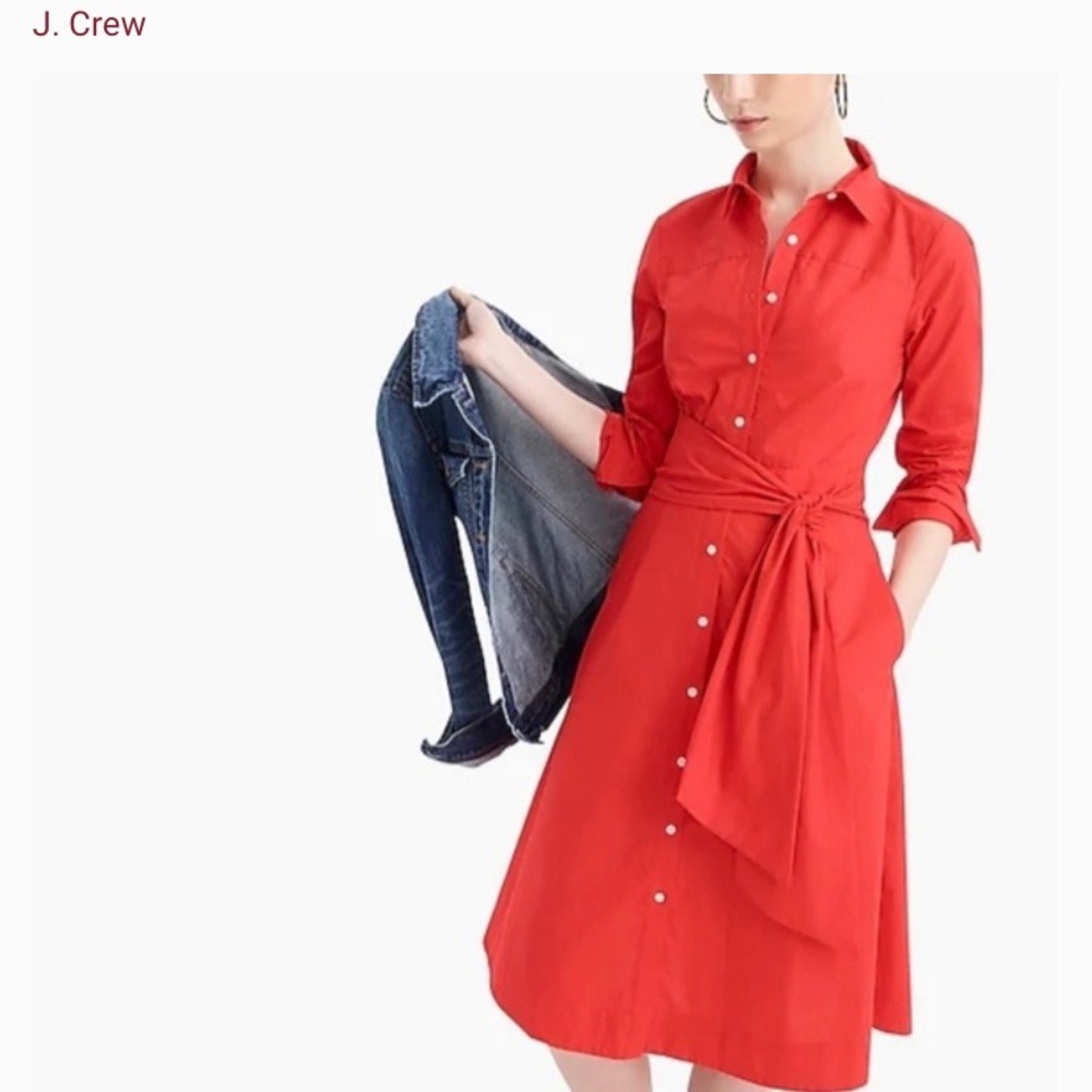 J. Crew Tie-waist Shirtdress in Red Cotton Poplin
